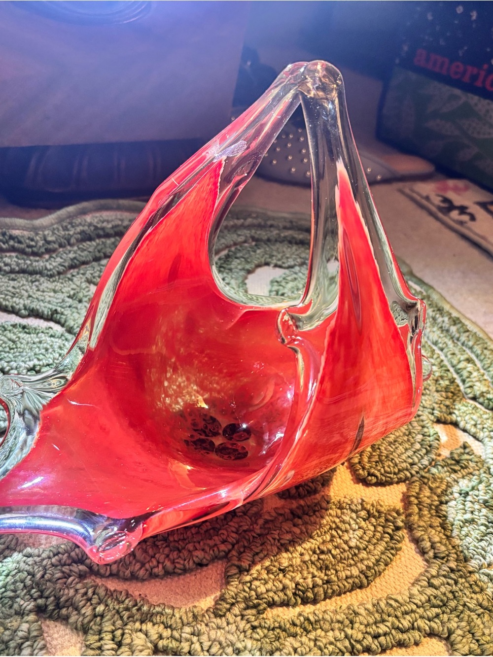 VINTAGE RED/ORANGE MURANO ART GLASS CENTERPIECE BASKET MCM.